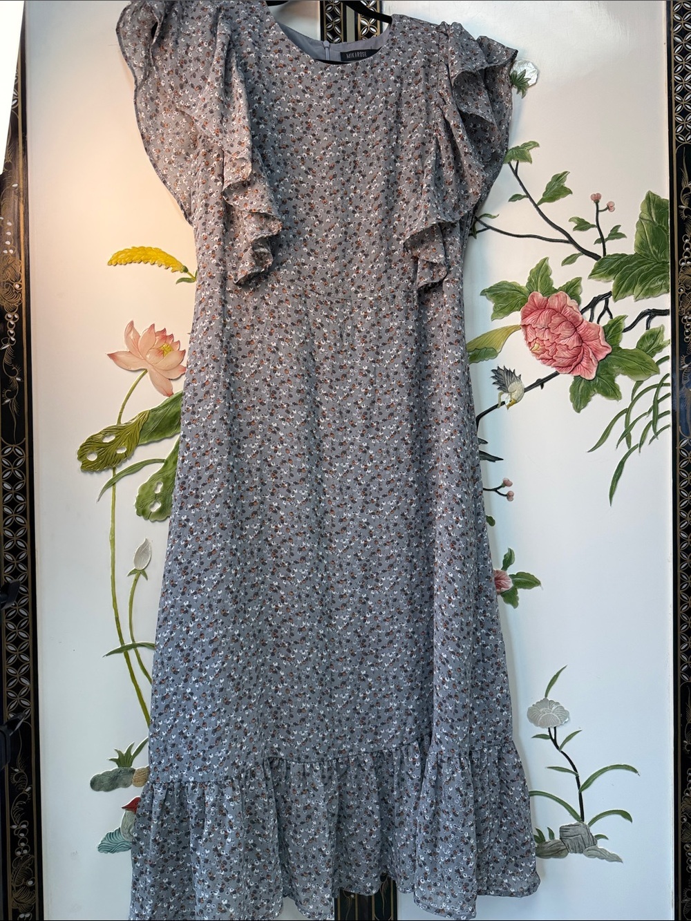 muted blue-grey color, delicate ditsy floral print, tiered ruffles, cottagecore